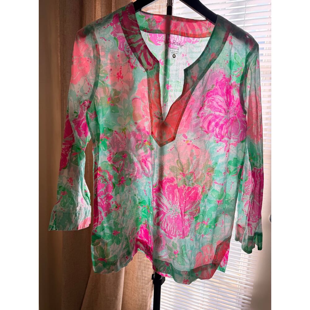 Lilly Pulitzer Summer Floral 100% Cotton Top V Neck M EUC